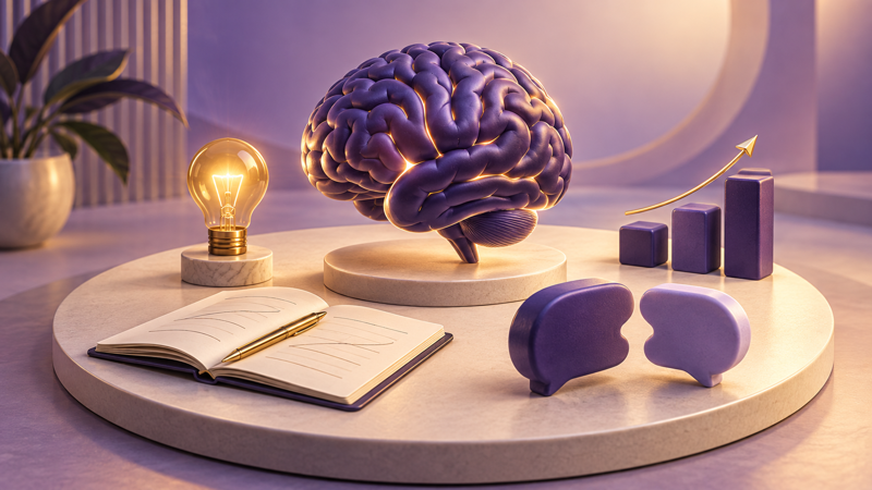 Cérebro, caderno, balões de conversa e gráfico representando as quatro bases para aprender a vender